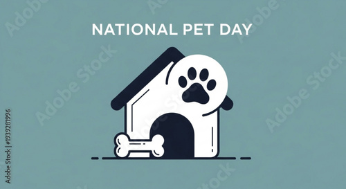 National pet day dog house with bone and paw print on blue background