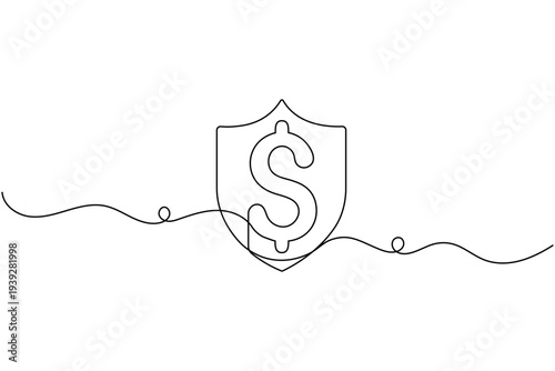Dollar sign with shield guard continuous one line drawing and isolated outline vector illustration