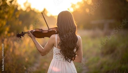Woman playing violin in a meadow, sun filtering through trees, romantic back view