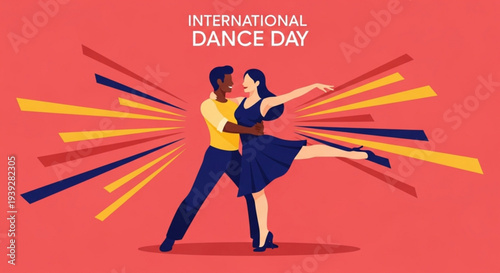 Couple dancing together on international dance day illustration with vibrant colors and dynamic movement