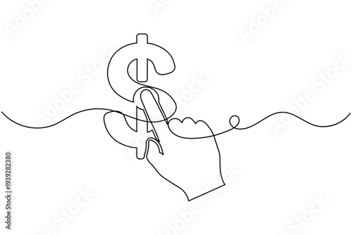 Hand pointing dollar continuous one line drawing of isolated outline vector icon
