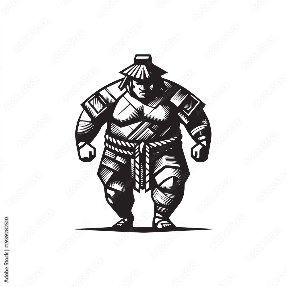 Obraz premium A black and white vector illustration of a chubby sumo wrestler wearing samurai armor and a traditional hat, standing against a clean white background with a bold graphic design.