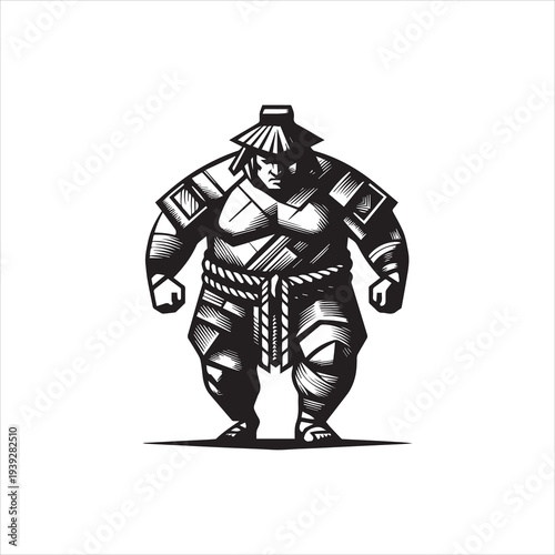 A black and white vector illustration of a chubby sumo wrestler wearing samurai armor and a traditional hat, standing against a clean white background with a bold graphic design.