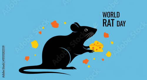 Black rat silhouette holding cheese on blue background with orange and yellow paint splatters for world rat day celebration