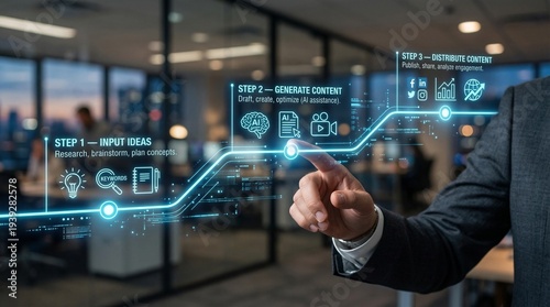 Businessman interacting with futuristic digital content creation interface