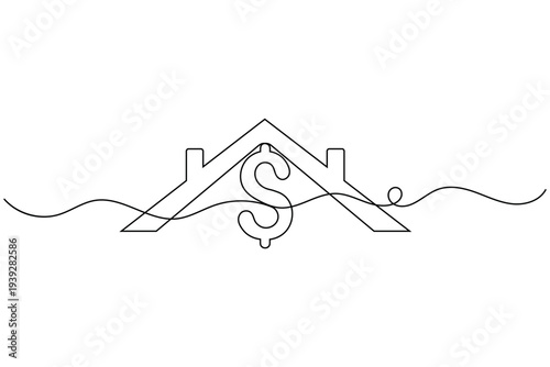 Real estate house with dollar continuous one line drawing of isolated outline vector illustration 