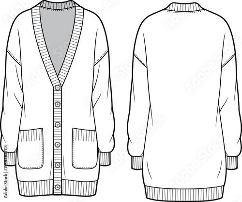 MobileTechnical Fashion Flat Sketch Bundle Featuring Women's Oversized Knit Cardigan, Strapless Evening Gown, Athletic Shorts, Tiered Wrap Skirt, and Underwire Bra Apparel Design Templates