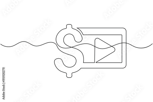 Dollar video play button continuous one line drawing of isolated outline financial education content vector icon