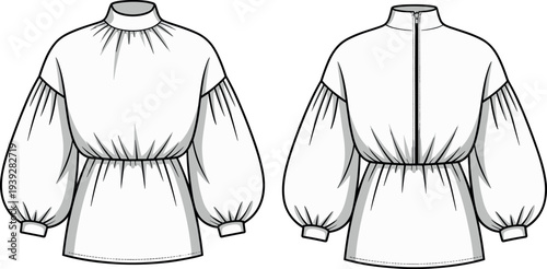 MobileTechnical Fashion Flat Sketch Bundle Featuring Women's Puff Sleeve Blouse, Oversized Knit Cardigan, Strapless Gowns, Athletic Shorts, and Tiered Wrap 