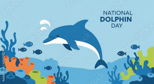 Dolphin swimming with fish and coral reef on national dolphin day with ocean background