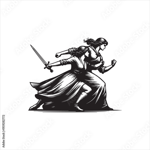 A dynamic black and white illustration of a determined woman in a flowing dress wielding a sword in a powerful stance against a clean white background with a sense of strength and action.