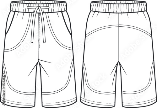 MobileTechnical Fashion Flat Sketch Bundle Featuring Women's Sleeveless A-Line Mini Dress, Athletic Drawstring Shorts, and Apron Tunic Design Templates for Apparel Manufacturing and Tech Packs