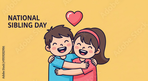 Happy cartoon boy and girl siblings hugging with heart symbol on yellow background celebrating national sibling day