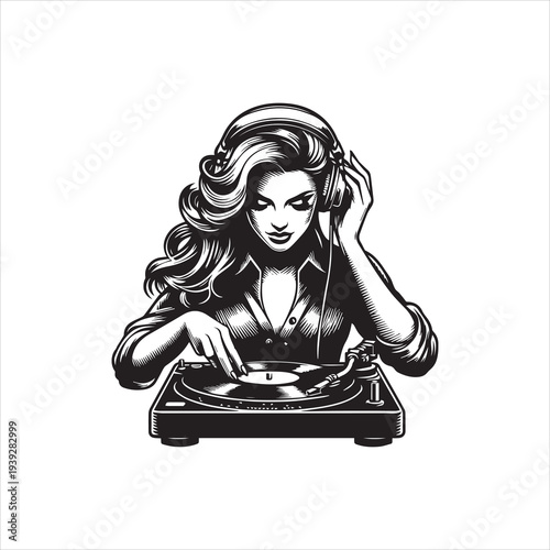 A woman wearing headphones operates a turntable with a stylized vector illustration in black and white with a logo design on a clean background.
