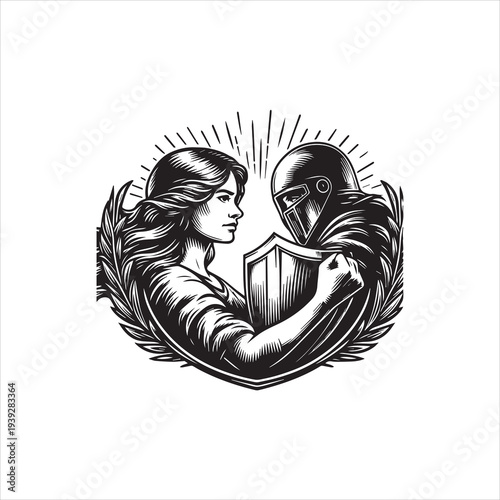 Black and white vector illustration of a woman and a knight facing each other with a shield, surrounded by a laurel wreath on a plain background.
