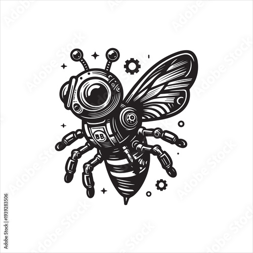 A detailed black and white vector illustration of a robotic bee with a camera for a head, surrounded by gears and stars on a clean white background.