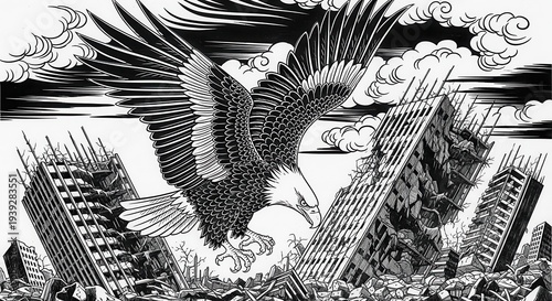 Majestic bird with widespread wings hovers above a scene of urban demolition and debris