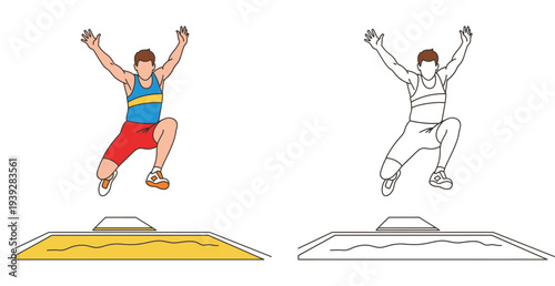 Long jump athlete in mid-air flying over sandpit, colored and black and white line art vector illustration for track and field sports.