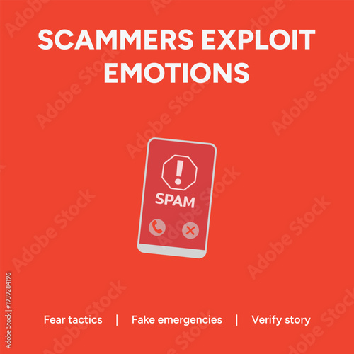 Vector graphic illustration detailing how scammers exploit human emotions through aggressive spam calls and digital deception tactics to manipulate potential victims immediately