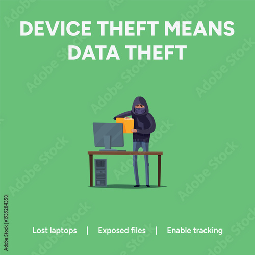 Vector graphic illustration of a thief stealing sensitive data from a computer highlighting device theft and data security risks with exposed files and lost laptops.