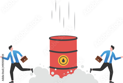 Business Team Running from Falling Oil Barrel