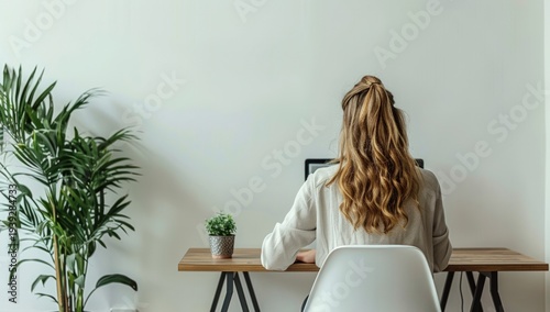 Woman from behind working at a clean wooden desk with plants in a minimalist room