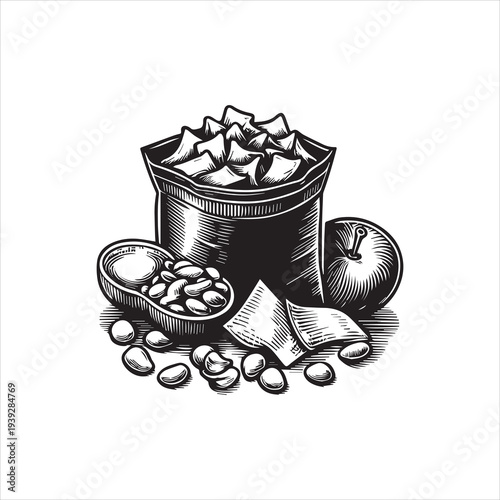 Black and white illustration of a bucket filled with ice cubes, surrounded by a halved melon, seeds, and ice shards on a plain background.