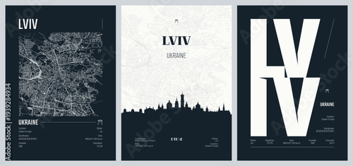 Detailed urban street plan city map Lviv the largest city in western Ukraine, Silhouette city skyline, Set of travel posters, vector artwork set 2