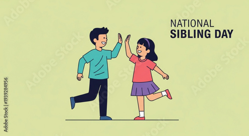 Brother and sister celebrating national sibling day with high five gesture in cartoon style illustration
