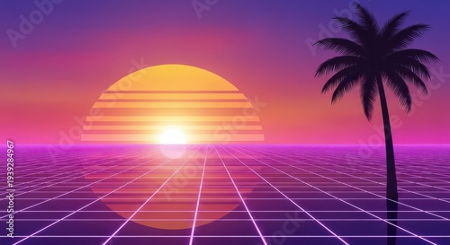 Stylized horizon features a vibrant sunset above a glowing digital grid landscape with a silhouetted palm tree.