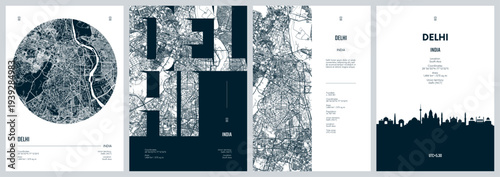 Set of travel posters with Delhi the capital of India, detailed urban street plan city map, Silhouette city skyline, vector artwork
