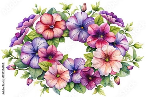 Watercolor Wreath of Colorful Petunias with Green Leaves on White Background