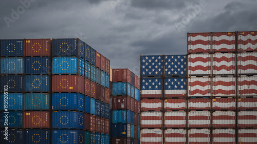 Stacked shipping containers with European and American flags on cloudy day