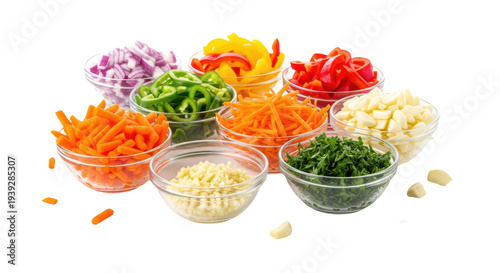 Chopped vegetables in bowls, fresh ingredients, healthy food isolated on transparent background