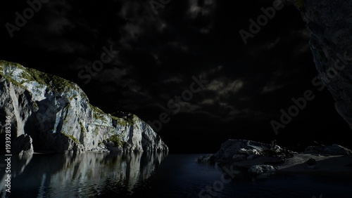 Konstfotografi A tranquil scene unfolds at night by the calm water, where rocky cliffs rise against a dark sky filled with clouds