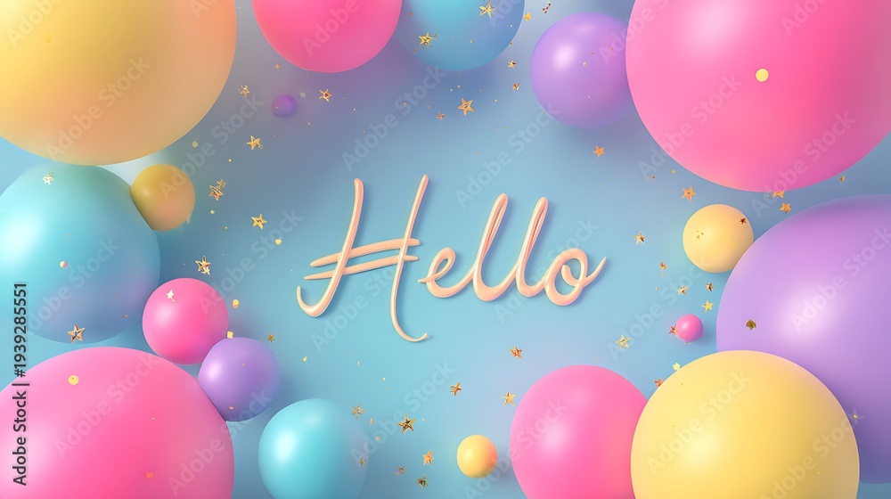 Fototapeta premium A colorful illustration of balloons and confetti with the word Hello written in cursive script on a blue background.