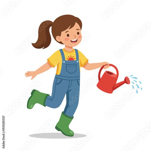 This illustration shows a joyful girl happily watering plants in her garden, capturing the essence of childhood innocence and love for nature and gardening.