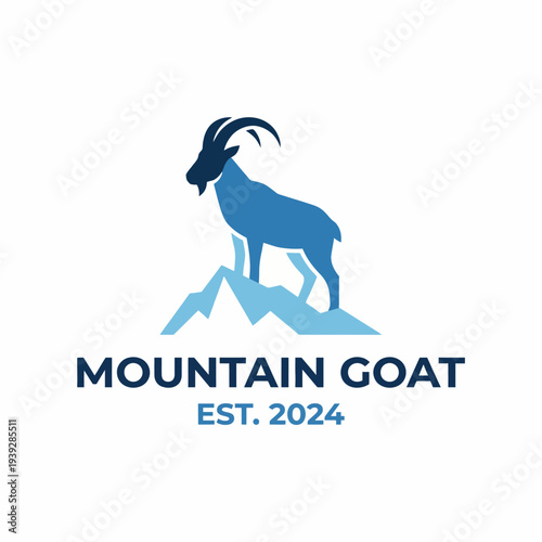 This image features a sleek logo design for a brand named Mountain Goat, showcasing a stylized goat atop a mountain, representing perseverance and rugged beauty.