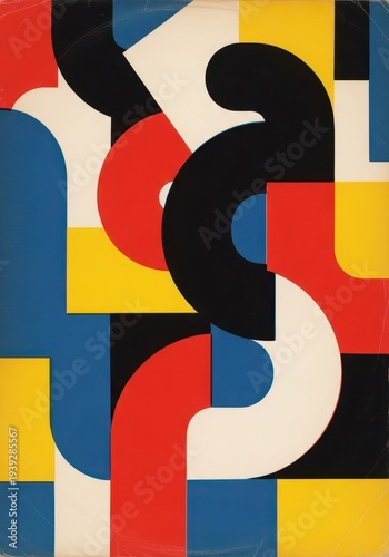 Dynamic abstract composition features primary colors and flowing geometric shapes