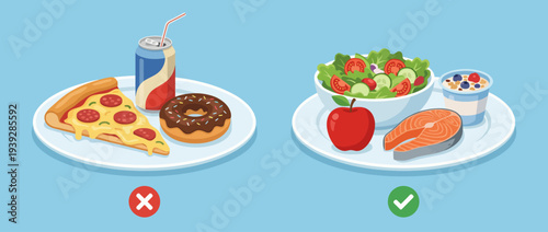 The illustration contrasts healthy food options and unhealthy choices on plates, promoting nutrition awareness and encouraging a healthy lifestyle for better living.