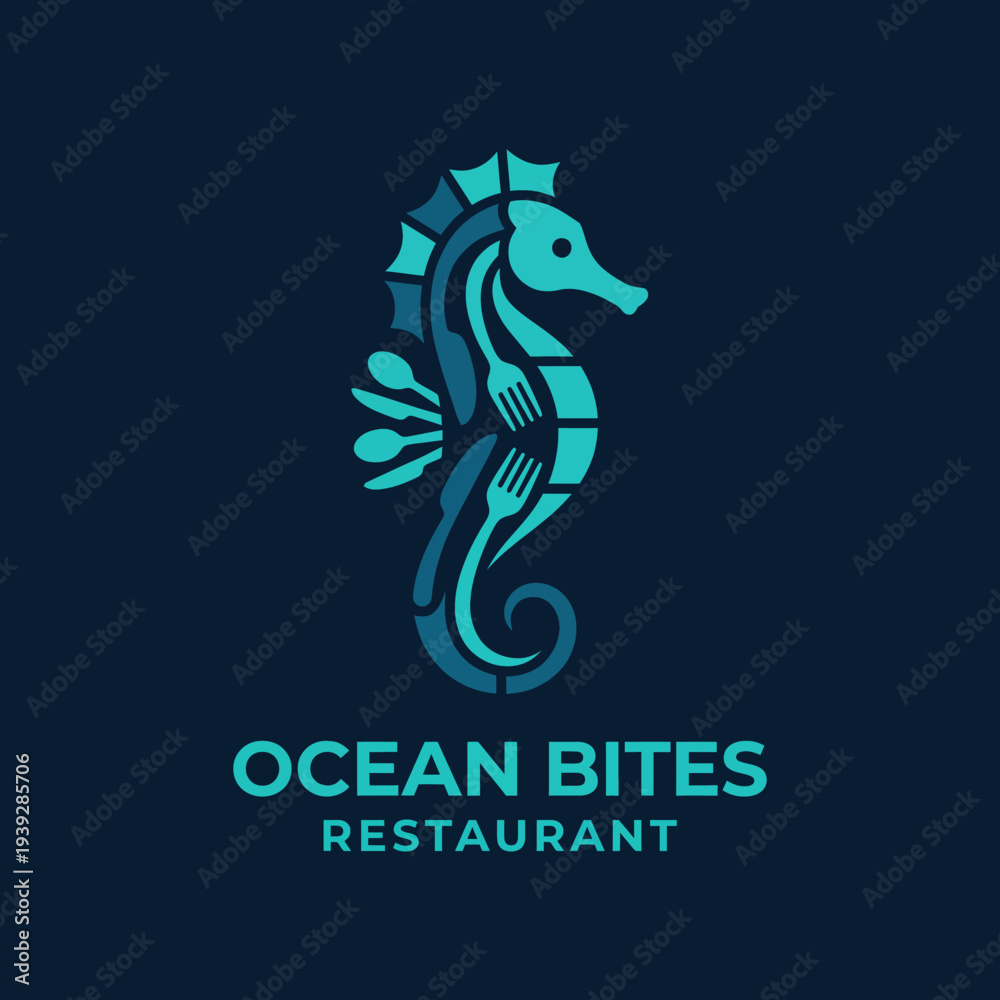 Obraz premium This elegant logo features a stylized seahorse, fork, and spoon, symbolizing the connection between the ocean and exquisite dining experiences in a modern restaurant.