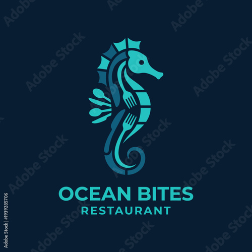 This elegant logo features a stylized seahorse, fork, and spoon, symbolizing the connection between the ocean and exquisite dining experiences in a modern restaurant.