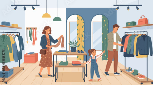 A cheerful family explores a vibrant clothing store, showcasing the joyful experience of shopping together and the delightful variety of fashion items available for all ages.