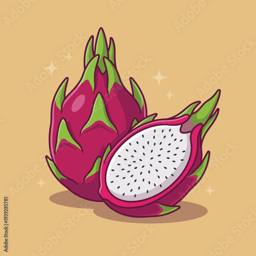 A visually appealing illustration of dragon fruit cut in half, highlighting its vivid pink exterior and speckled white flesh that captivates with exotic allure and uniqueness.