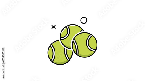 Simple illustration of three yellow tennis balls grouped together on a white background with a black cross and white circle.