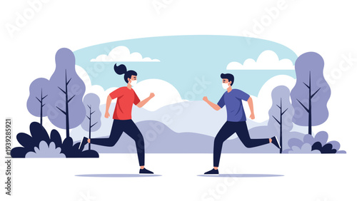 Man and woman wearing protective face masks while running towards each other in a scenic park with purple and blue trees.