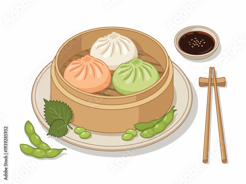 A mouthwatering presentation of colorful steamed dumplings served in a bamboo steamer with soy sauce, perfect for Asian cuisine and culinary delights visuals.