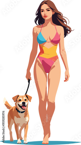 donna  in costume da bagno mentre porta a passeggio il cane vettoriale