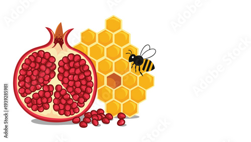 Half of a ripe red pomegranate with loose seeds next to a golden honeycomb and a flying honey bee for nature and health themes.