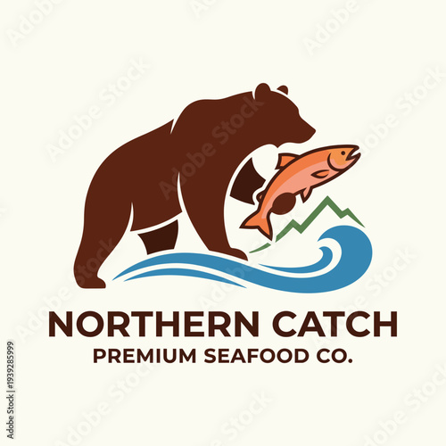 A logo showcasing a bear catching a fish by the water, symbolizing quality seafood. Perfect for premium seafood brands aiming to convey authority and freshness.